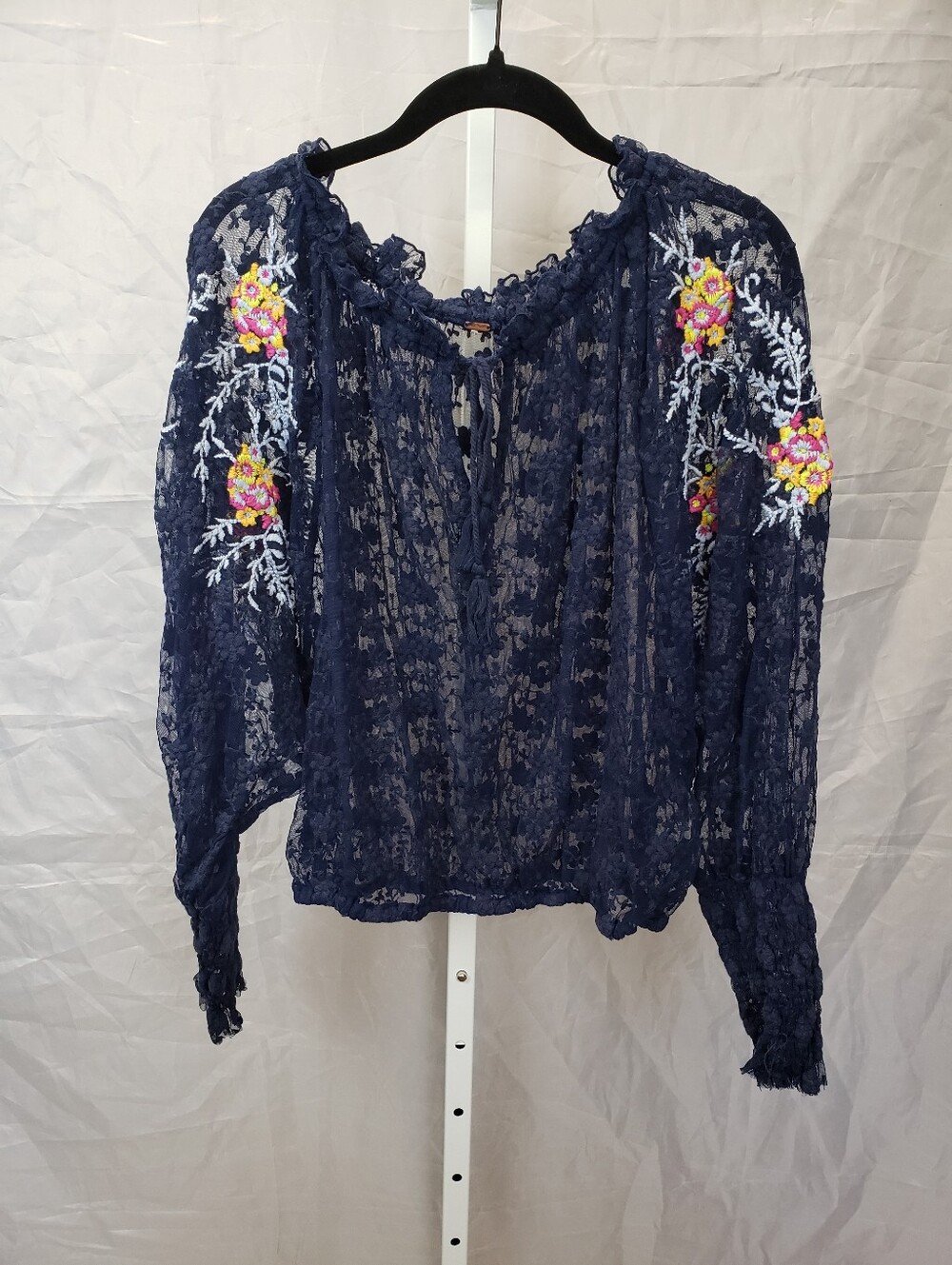 Free People Jubilee Blouse Navy Blue Lace Sheer Embroidered Boho Top